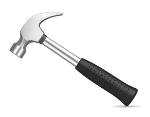 Silver hammer with black grip isolated on a white backdrop. Simple vector art
