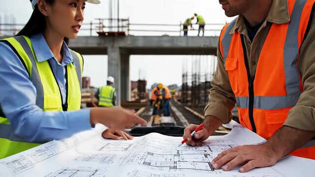 Construction professionals reviewing blueprints on site, teamwork, planning, and development