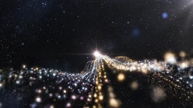 Digital aurora borealis displayed with gold and blue light streaks against a starry night sky with abstract motion graphics