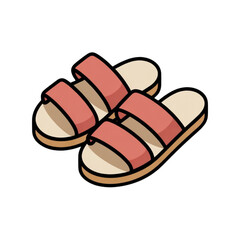 Obraz premium A cute pair of pink and beige slip-on sandals with two straps shown in an isometric view. Vector, illustration