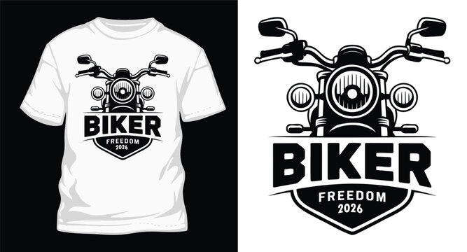 Biker freedom emblem with motorcycle front view on white t-shirt mockup