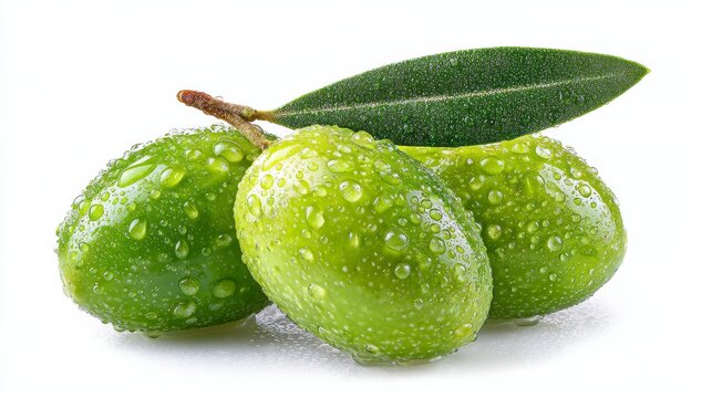 Fresh Green olive with water droplets isolated on white background. Clipping path.