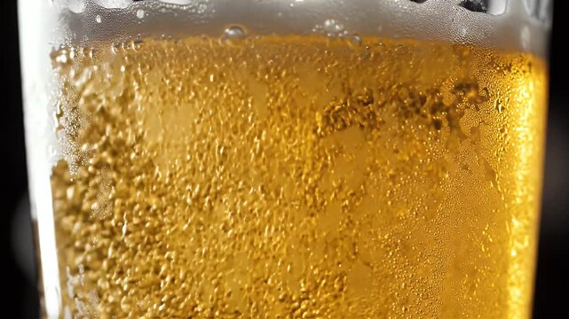 Close-up of a glass of light beer with bubbles and condensation. Froth visible near the rim