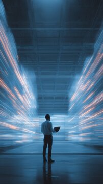  Data Center Chief Technology Officer Holding Laptop, Standing In Warehouse, Information Digitalization Lines Streaming Through Servers. SAAS, Cloud Storage,