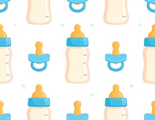 Fototapeta premium Seamless pattern showing baby bottles and pacifiers against a white background with dots