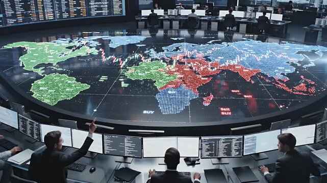 Traders in a high-tech control room analyzing a global market data display