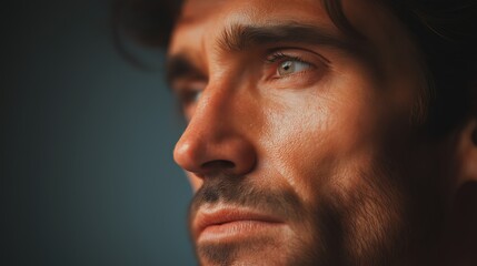 Obraz premium Cinematic close up portrait of a thoughtful man in side light, expressing introspection and calm.