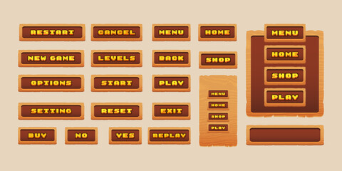 Wooden vector illustration of a set of  Game UI Buttons and Menu Panels Collection.