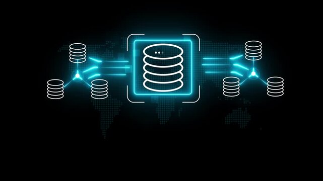 Engineer holding database icons, representing data integration, ETL processes, data pipelines, and centralized data warehouse solutions, Motion graphics of data connection concept