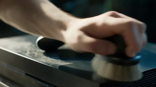 Medium shot of hands using a soft brush to remove dust from a gaming consoles surface highlighting meticulous care for electronic devices.