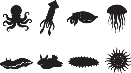 Exotic Ocean Wildlife Silhouette Vector Collection: Octopus, Squid, Jellyfish, Nudibranch, Cuttlefish, and Deep-Sea Invertebrate Icons Set on White. © mdsohrab