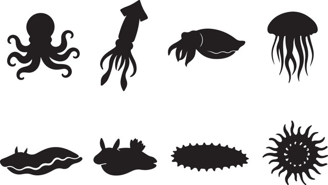 Exotic Ocean Wildlife Silhouette Vector Collection: Octopus, Squid, Jellyfish, Nudibranch, Cuttlefish, and Deep-Sea Invertebrate Icons Set on White.
