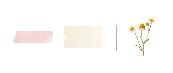 Pink washi tape strip, vintage ticket stub paper, straight pin and chamomile daisy flowers isolated...