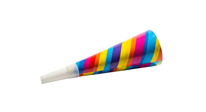 Colorful striped party blower horn isolated on transparent background