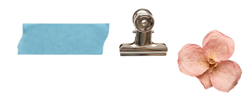 White arrow label, blue washi tape strip, metal bulldog clip and dried flower petal isolated on transparent background. Minimal collage set for navigation stickers and stationery mockups.