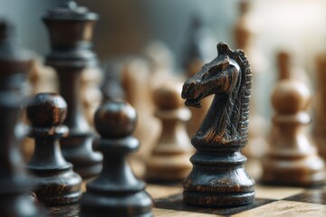 Fototapeta premium Strategic Chess Game Wooden Knight Planning Strategy Competition Success Plan Win Leadership Business Decision Strategic Move Strategy Development Game Plan