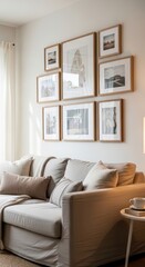Obraz premium Cozy modern living room with beige sofa, framed art, neutral tones, natural light, and minimalist decor