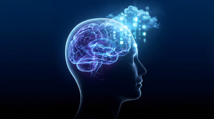Obraz premium Cyberpunk virtual reality head profile with glowing brain and cloud interface representing artificial intelligence automation and big data