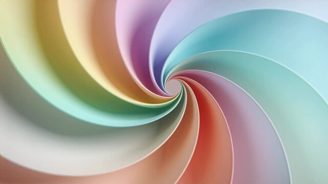 Soft spiral bloom with multicolor gradients in peach, aqua, lilac, and lemon, smooth radial geometry, minimal abstract style, no text, no logos.