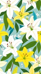 Seamless pattern of vibrant white and yellow lilies with green leaves on a light blue backdrop