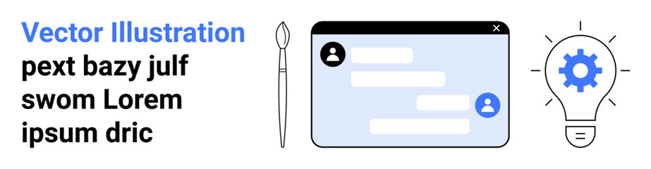 Obraz premium User interface, creative solutions, teamwork, communication, brainstorming, technology. Messaging screen with avatars, light bulb gear icon and design pen. User interface and creative solutions