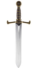 Obraz premium Shining silver sword with golden hilt and pommel, isolated on white background