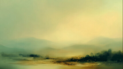 Obraz premium landscape painting with soft hazy mountains and golden morning light 