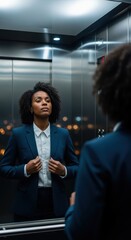 Obraz premium Confident african female professional in business attire adjusting suit in elevator with city lights reflection at night