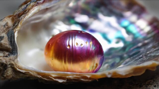 Vibrant and colorful gemstones nestled inside an open seashell on a sandy beach