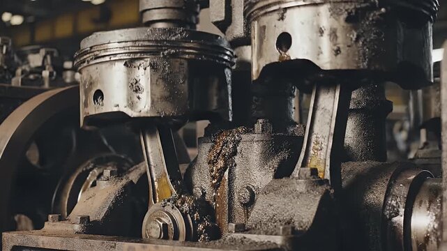 Close-up of a heavily oiled and grimy industrial engine's pistons and connecting rods