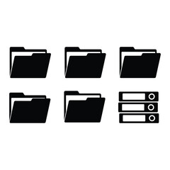 Six black folders and a server rack with three servers and a router isolated on white background, Vector