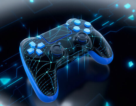 Amusing interactive diversion. A video game controller portrayed in ultra-high definition digital artistry, characterized by a harmonious blend of azure and ebony hues intertwined with linear patterns