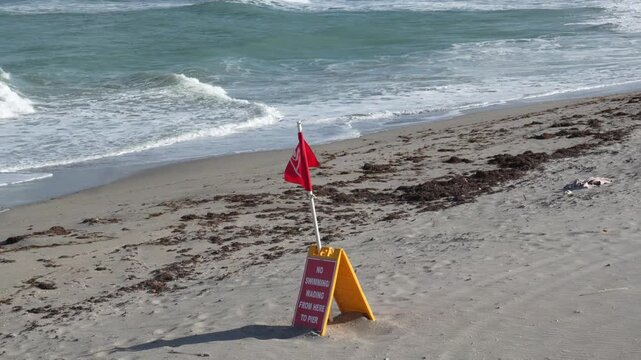 "No Swimming" warning signs on Juno Beach, Florida, USA