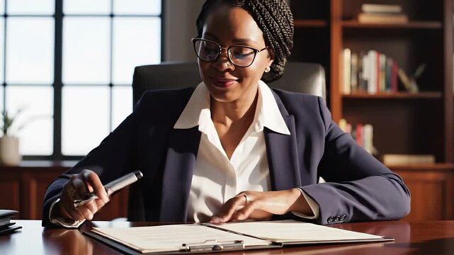Businesswoman signs important documents in office during daytime