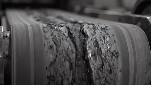 Close-up of a textured conveyor belt carrying dark, rough material