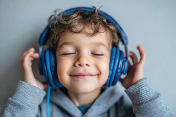 Young boy, curly brown hair, eyes closed, in bright blue headphones & gray, hands holding earcups, plain light gray bg.
