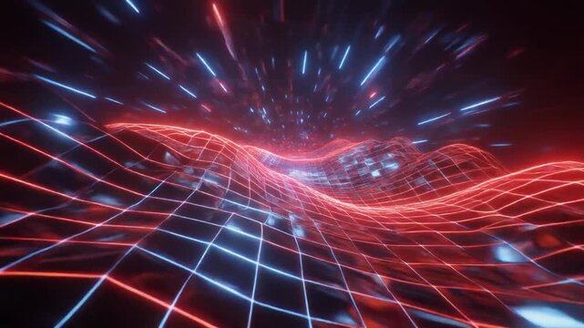 Luminescent red blue glow grid forming aggressive wave bends sharp reflections energetic cinematic surreal ethereal ambience cascading softly glowing futuristic abstract unique style