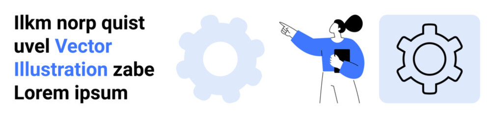 Female character pointing at gear icons, portraying technology, innovation, systems, strategy, teamwork, education, startups. Ideal for process explanation tech discussion simple landing page