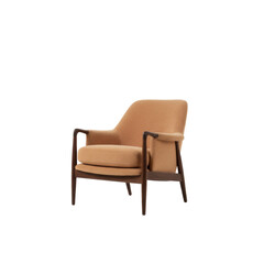 Fototapeta premium mid-century modern armchair upholstered in textured light beige boucle fabric with a tapered dark walnut frame, displayed in a pristine studio setting, luxury design craftsmanship display