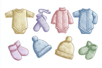 embroidery illustration of newborn baby clothing set onesie, hat, mittens, booties, soft stitched embroidery
