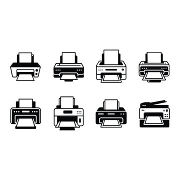 A collection of eight different types of printers illustrated in black and white isolated on white background, Vector