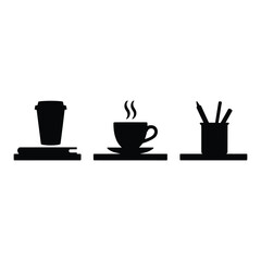 Obraz premium A black and white illustration of a coffee cup, a coffee pot, and a container of coffee stirrers. isolated on white background, Vector