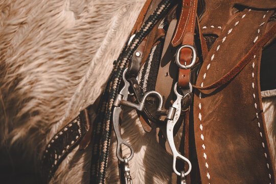close up of leather western saddle with horse bridle handing over saddle horn