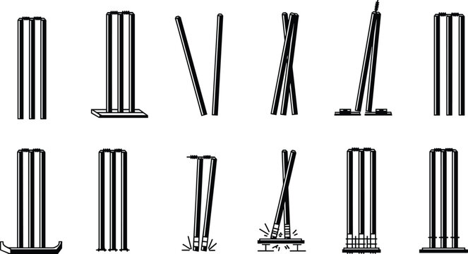 Large Set of Black and White Vector Illustrations of Cricket Wickets Stumps and Bails for Team Sports and Game Graphic Design