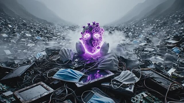 Electronic waste pollution with glowing skull amidst discarded devices.