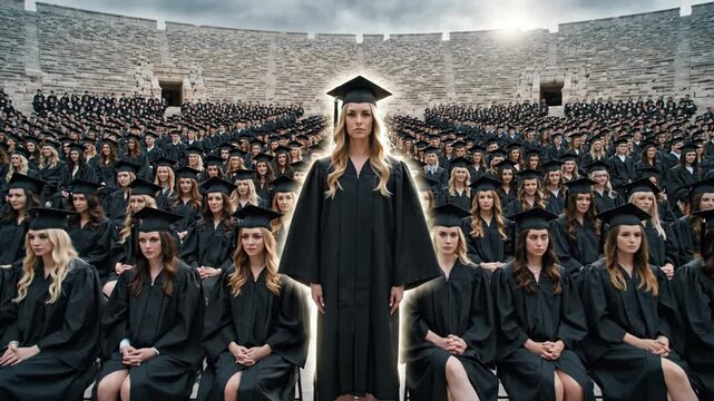 Young woman in graduation gown standing out among seated graduates in an ancient stone amphitheater.