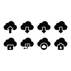 Obraz premium Eight black cloud icons representing various cloud computing functions and actions. isolated on white background, Vector