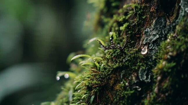 Macro shot of moss and ferns growing on a tree trunk in Java forest