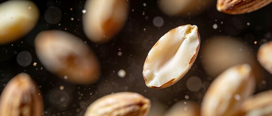 Close-up macro shot of almonds in motion against a dark background with bokeh effects