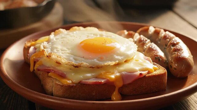 Delicious Croque Monsieur with Fried Egg and Sausages, Hot Breakfast Meal
